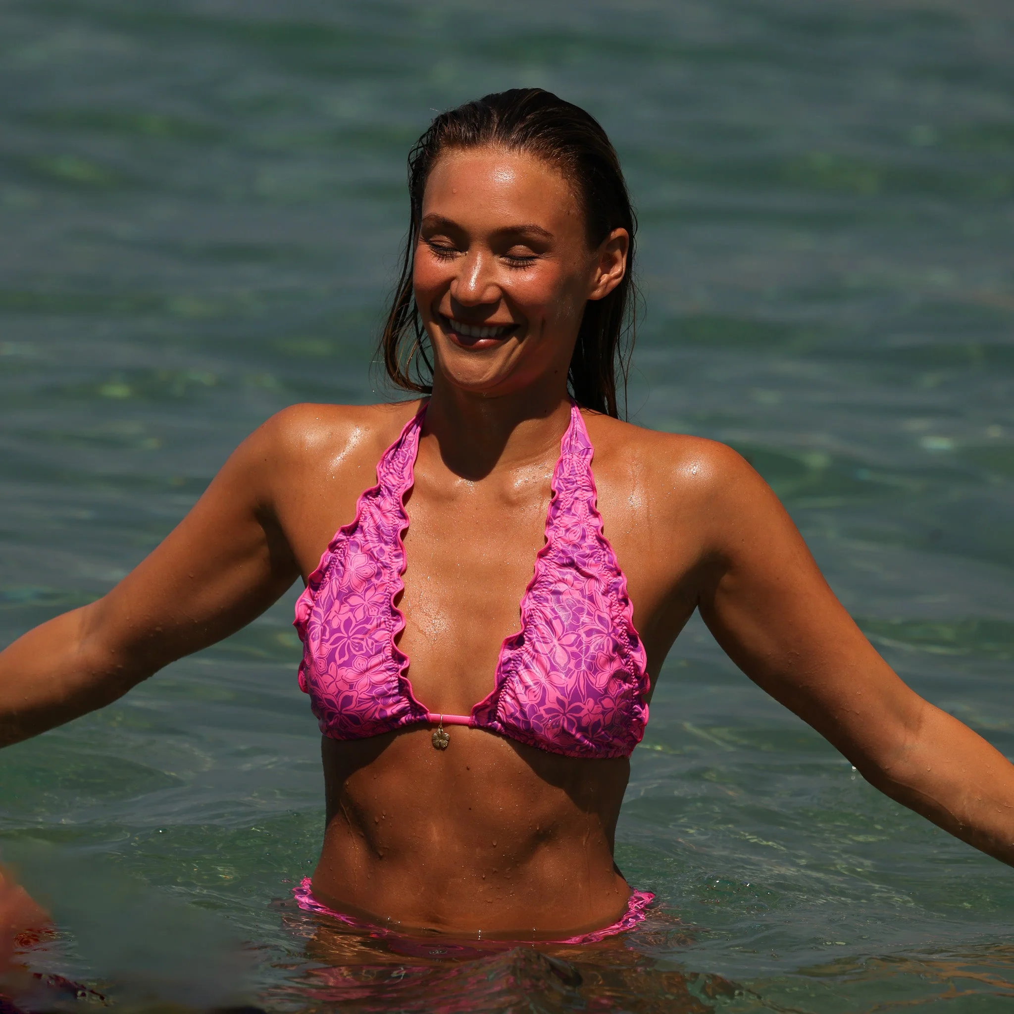 Lettuce Edge Halter Bikini Top - Bubble Berry - Image 3